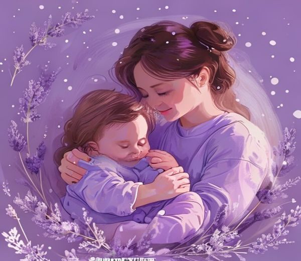温馨母婴哺乳场景插画，妈妈怀抱新生宝宝在柔和薰衣草紫光晕中哺乳，画面温暖治愈，奶水漫画封面主视觉